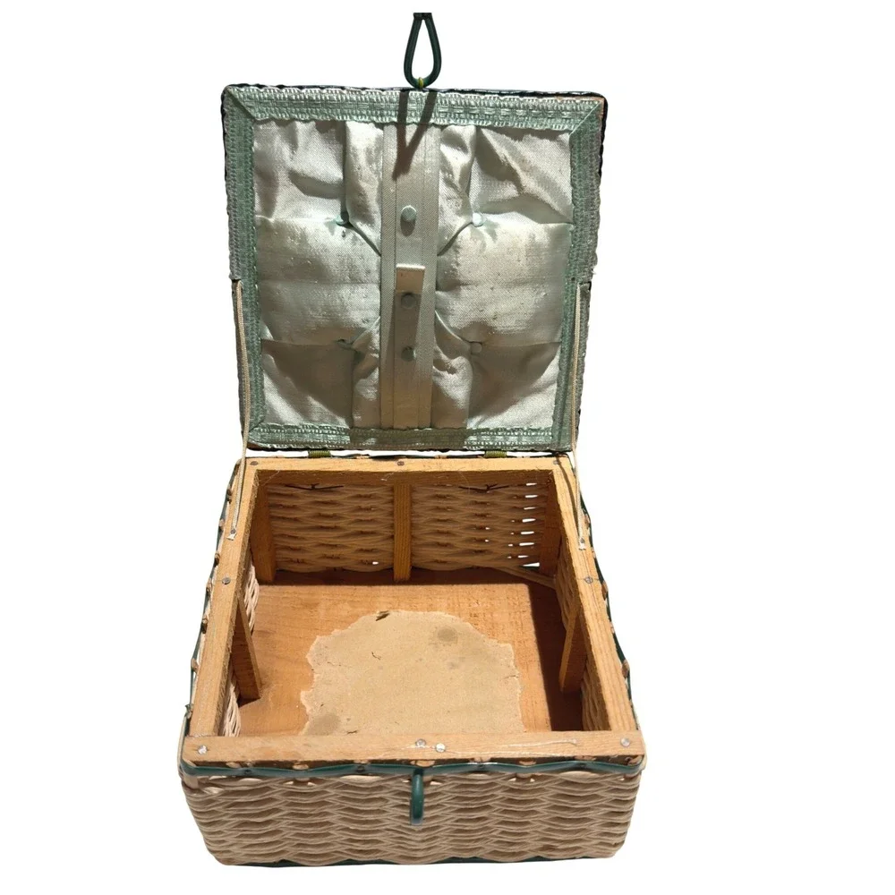 Vintage Japan Wicker Sewing Basket  Cherry Berry Lid Square Box Needs‎ Lining